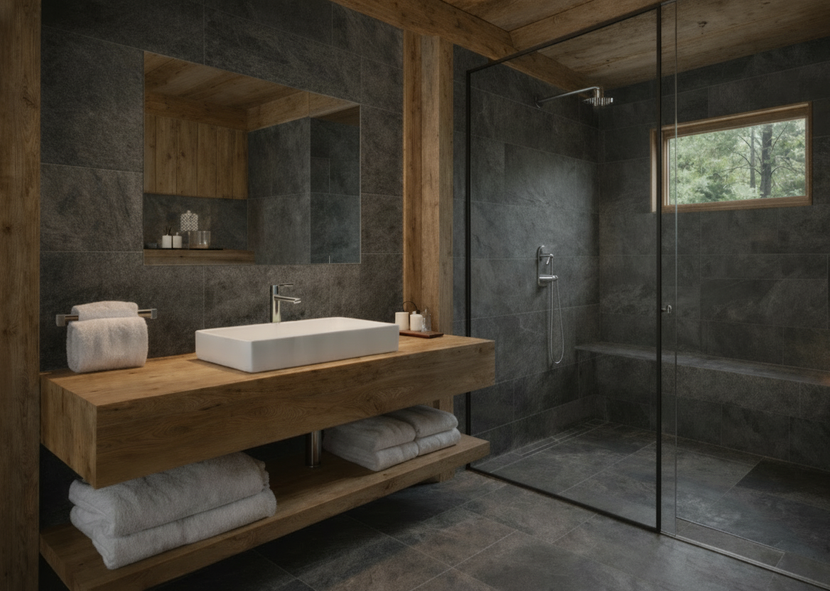 Casa Modelo Epulef baño premium con piedra natural, madera rústica y grifería cromo - Diseño spa rústico moderno Villarrica sur de Chile