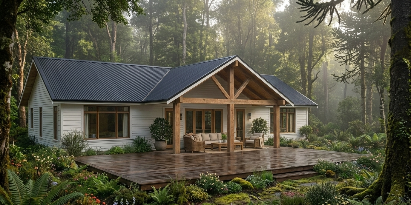 Casa Modelo Epulef fachada principal 140m² en Villarrica - Diseño de madera premium con piedra y vidrio