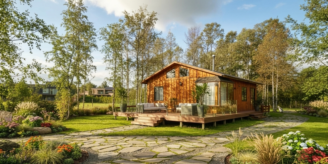 Casa Modelo Panguilef 50m² en Villarrica - Cabaña de madera premium con terraza y deck de vidrio