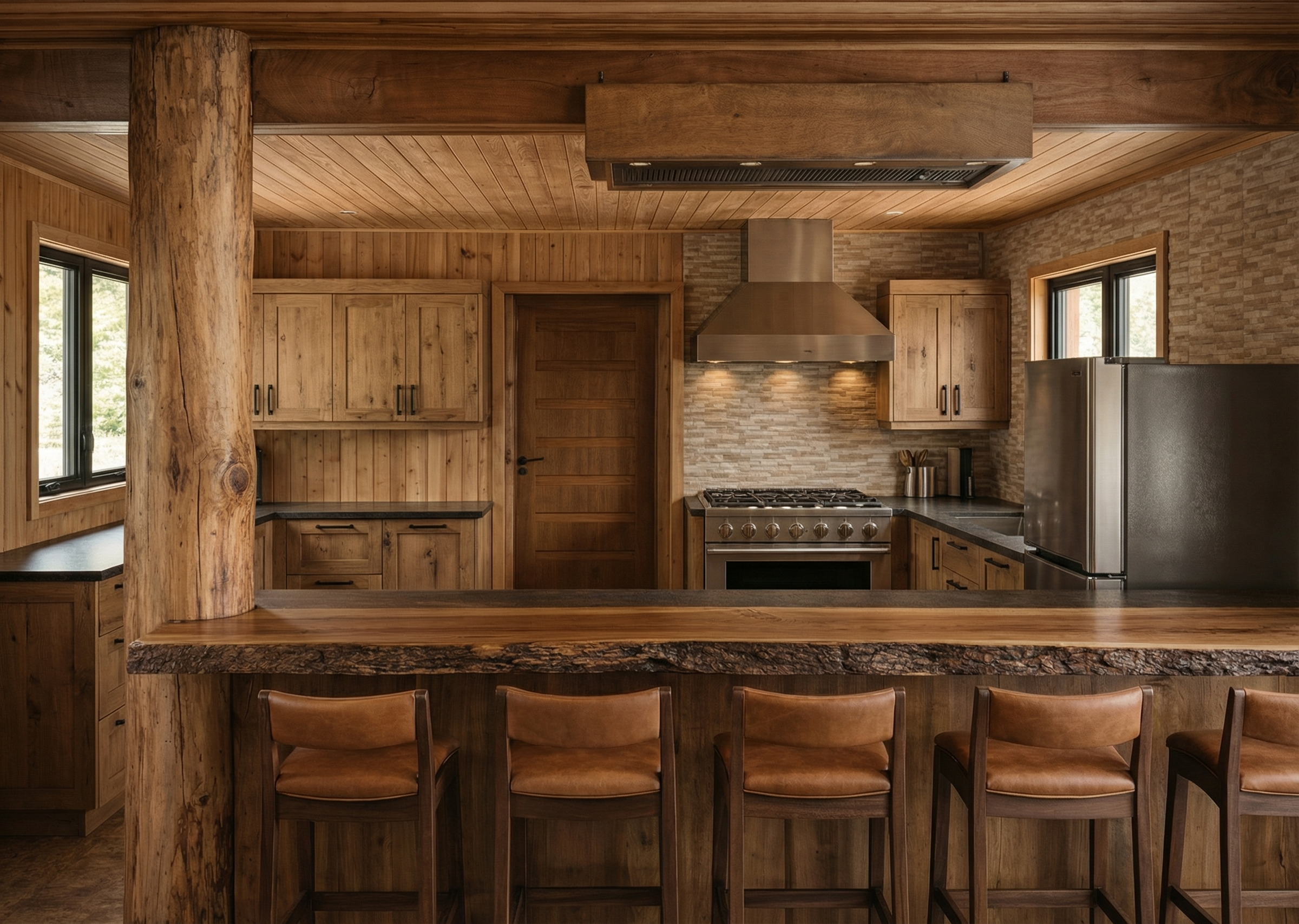 Casa Paillalef cocina premium con muebles de madera rústica - Diseño funcional Villarrica sur de Chile