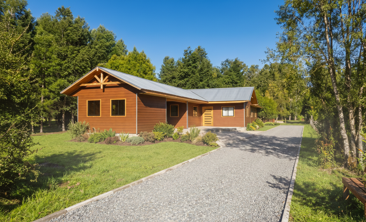 Casa Paillalef fachada principal mejorada 160m² en Villarrica - Diseño de madera premium con revestimiento siding, ventanas termopanel y composición arquitectónica equilibrada sur de Chile zona lacustre