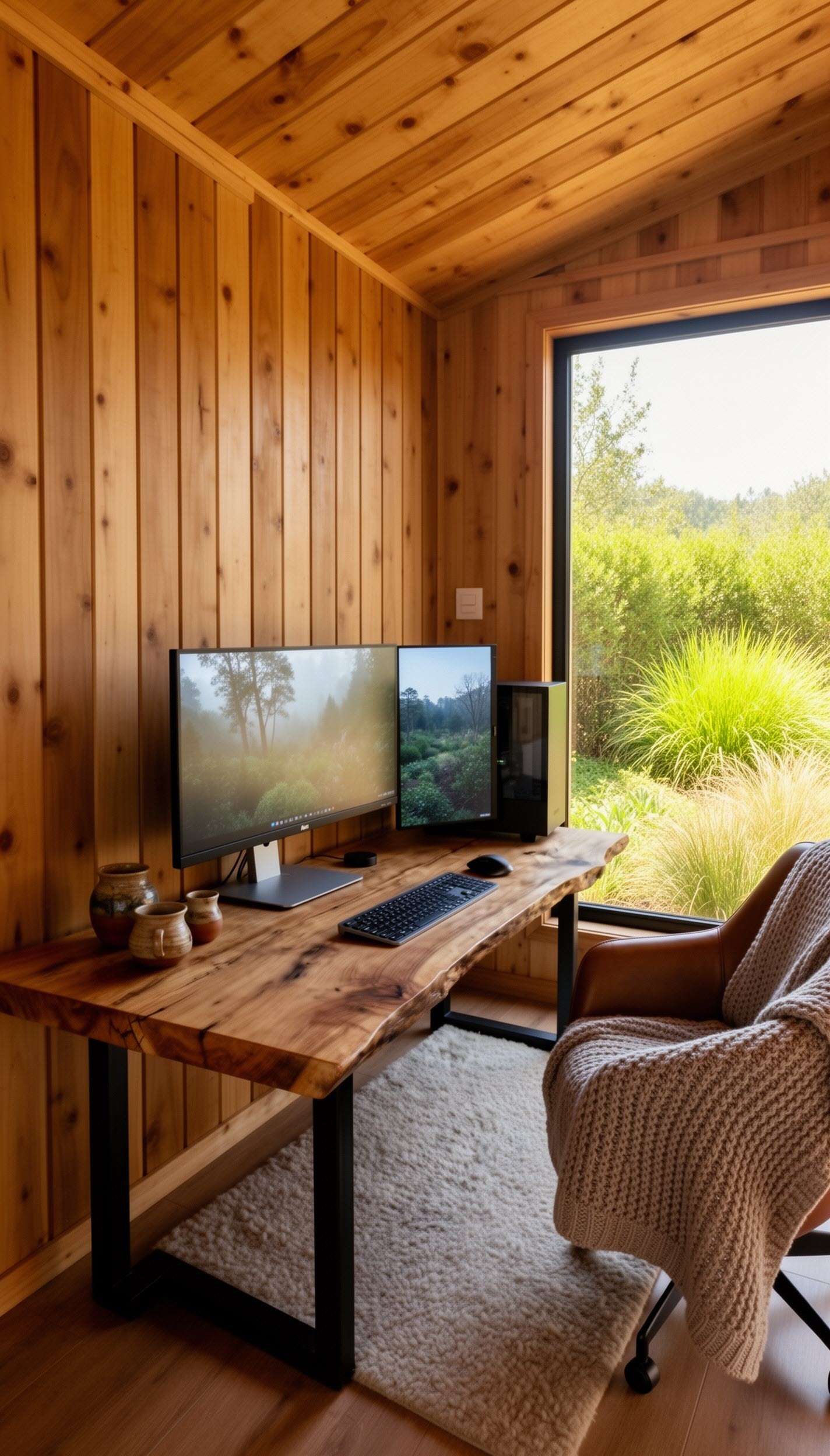 Casa Paillalef home office con revestimiento de madera machimbre y ventanales - Espacio de trabajo premium Villarrica sur de Chile zona lacustre