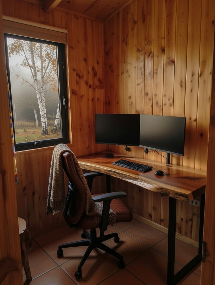 Casa Modelo Panguilef home office con revestimiento de madera machimbre y escritorio de borde vivo - Espacio de trabajo premium Villarrica sur de Chile zona lacustre