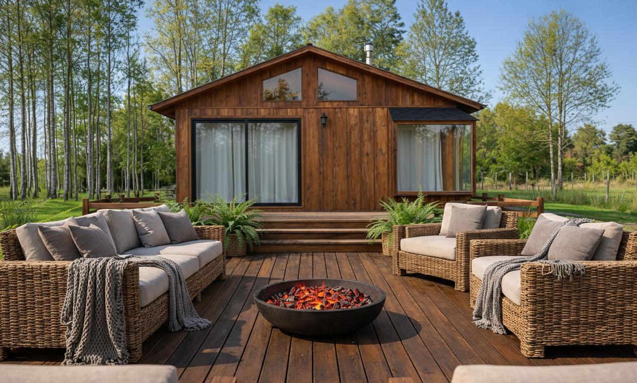 Casa Modelo Panguilef terraza premium con deck de madera, fogón central y sillones de mimbre rústico 60m² - Outdoor living premium Villarrica sur de Chile zona lacustre